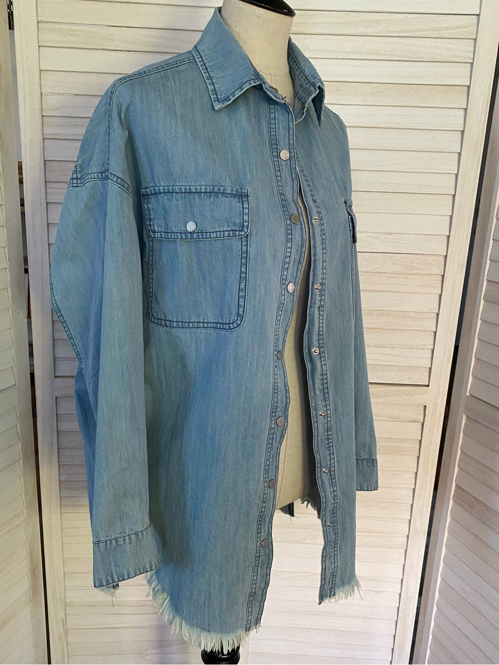 POL Blue Denim Button-Down Shirt/Shacket with Back Plaid Patch SZ S - Picture 12 of 14